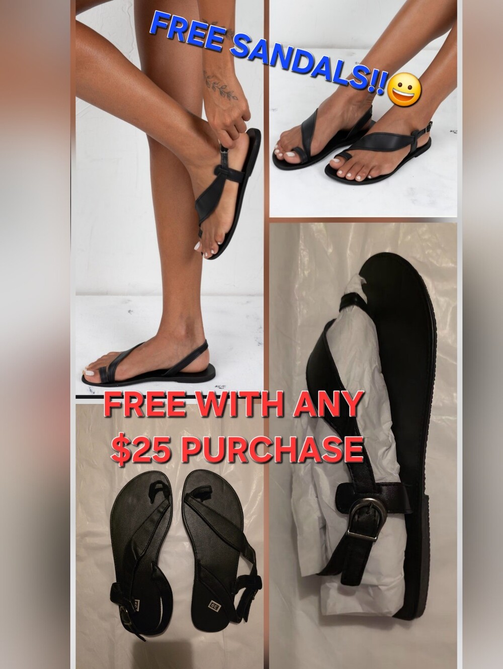 FREE W/ $25 PURCHASE Greek Black Strappy Buckle Toe Ring Sandals